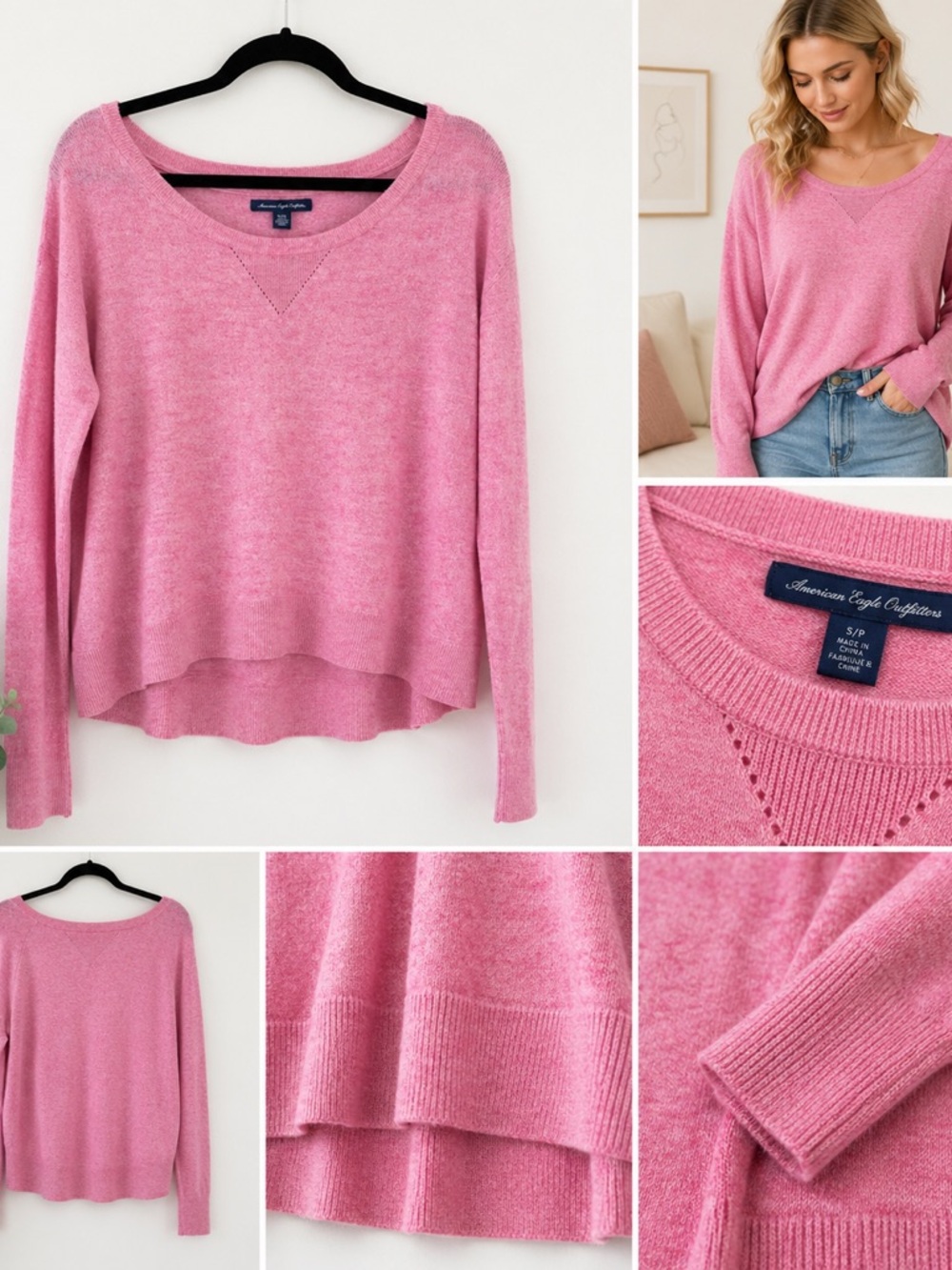 American Eagle Pink Marl Sweater Small Soft Lightweight Scoop Neck